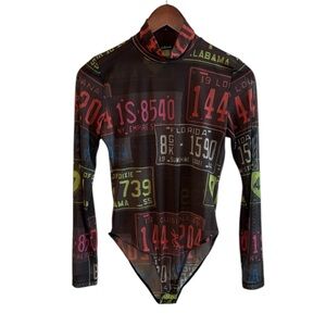 Dolls Kill Kikiriki Sheer Mesh Bodysuit Womens Brown Graphic Print Y2K M